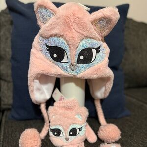 Justice Pink Furry Animal Hat & Glove Set with Glitter Accents